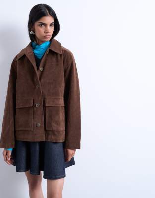 Topshop Faux Suede Patch Pocket Boxy Jacket In Brown