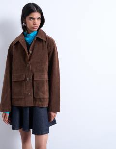 Model wearing Faux suede patch pocket boxy jacket in brown