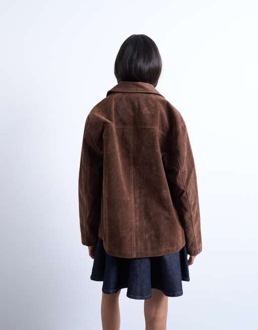 Topshop faux suede patch pocket boxy jacket in brown