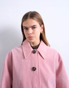 Model wearing Faux suede patch pocket boxy jacket in pink