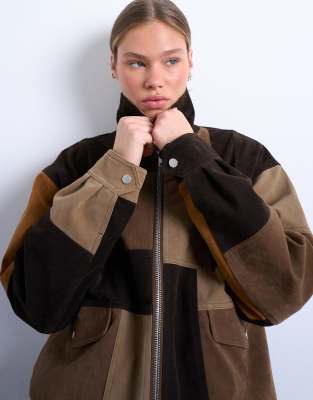 Topshop Faux Suede Patchwork Bomber Jacket In Brown