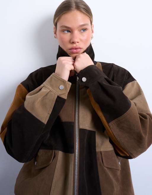 Topshop faux suede patchwork bomber jacket in multi | ASOS