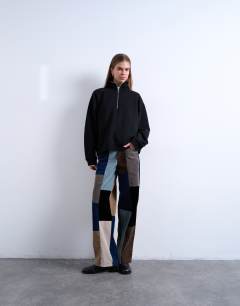 Faux suede patchwork cinch trousers in blue