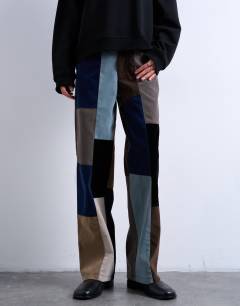 Model wearing Faux suede patchwork cinch trousers in blue