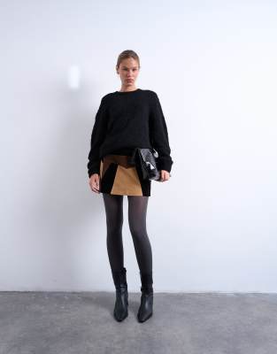 Topshop Faux Suede Patchwork Mini Skirt In Brown