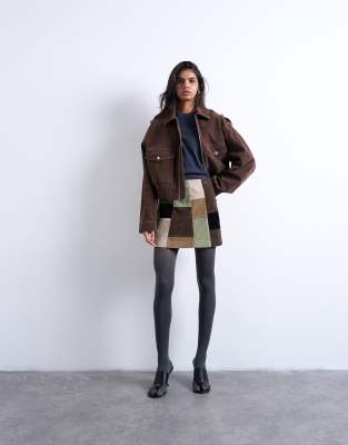 Topshop Faux Suede Patchwork Mini Skirt In Blue