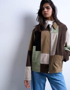 Model wearing Faux suede patchwork zip through jacket in multi