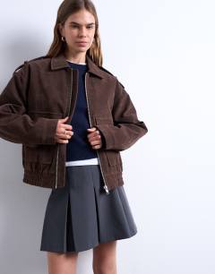 Faux suede quilted lined bomber jacket with popper details in chocolate