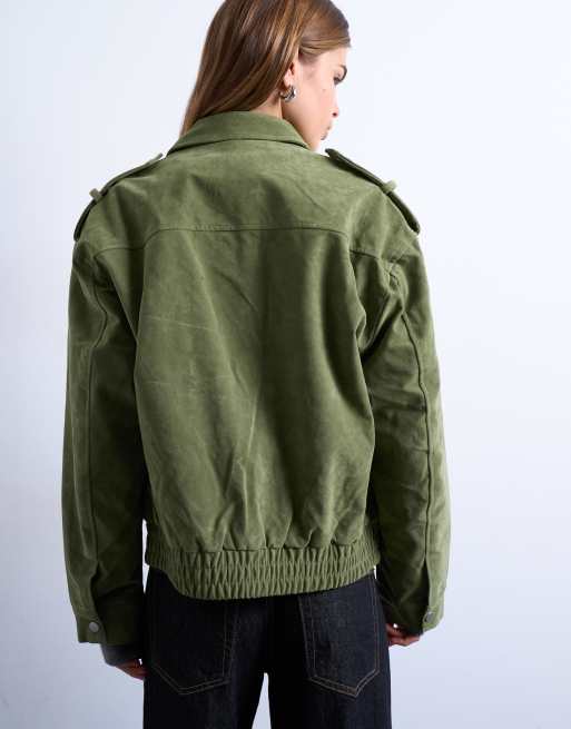 Topshop faux suede quilted lined bomber jacket with popper details in sage green, 4 of 4