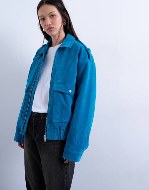 Topshop faux suede quilted lined bomber jacket with snap details in bright blue - view 1