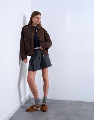 Topshop Faux Suede Quilted Lined Bomber Jacket With Snap Details In Brown