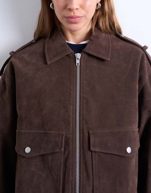 Topshop faux suede quilted lined bomber jacket with snap details in chocolate