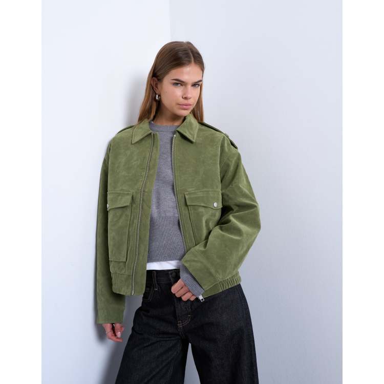 Topshop faux suede quilted lined bomber jacket with snap details