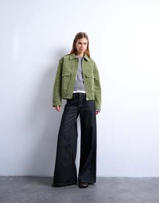 Topshop Faux Suede Quilted Lined Bomber Jacket With Snap Details In Green