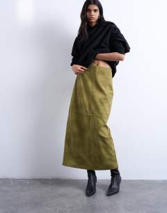 Faux suede seamed midi skirt in avocado