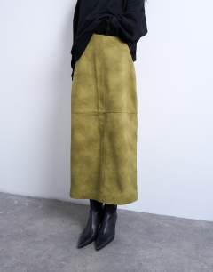 Model wearing Faux suede seamed midi skirt in avocado