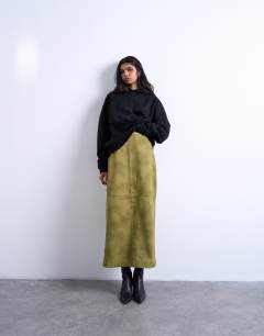 Model wearing Faux suede seamed midi skirt in avocado