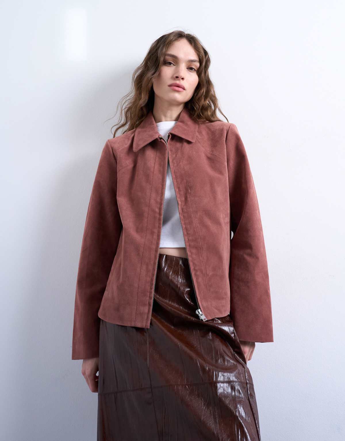 Topshop faux suede shacket in pink