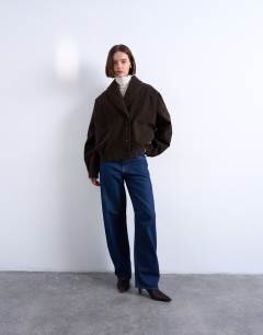 Model wearing Faux suede shawl bomber jacket in chocolate