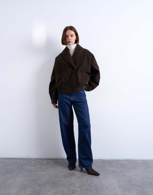 Topshop faux suede shawl bomber jacket in chocolate