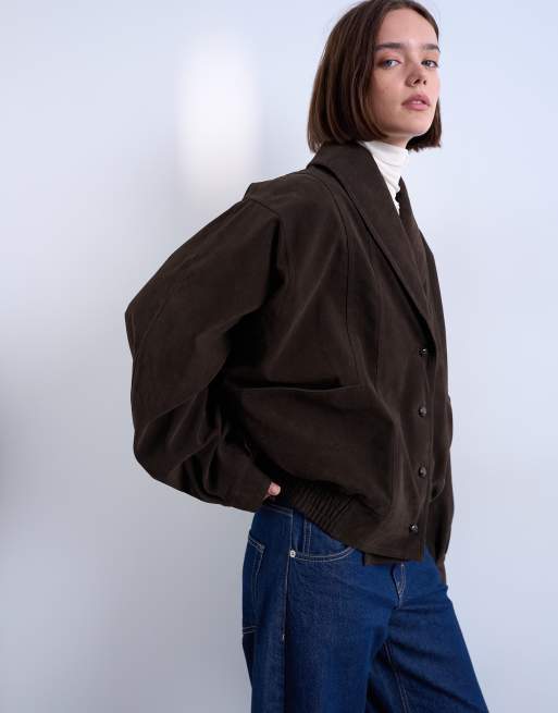 Topshop faux suede shawl bomber jacket in chocolate