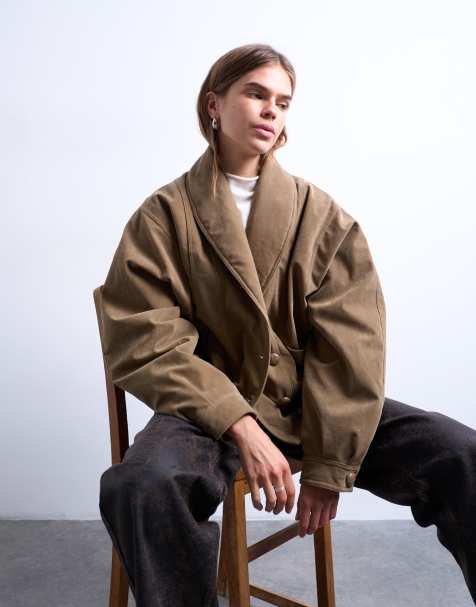 Topshop faux suede shawl bomber jacket in tan