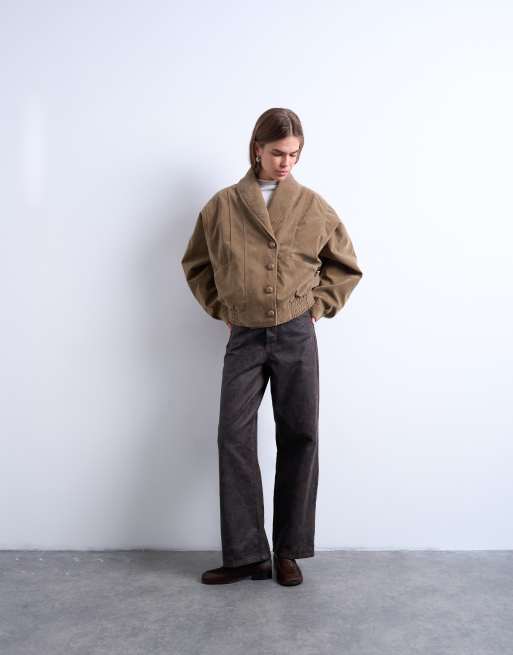 Topshop faux suede shawl collar bomber jacket in tan