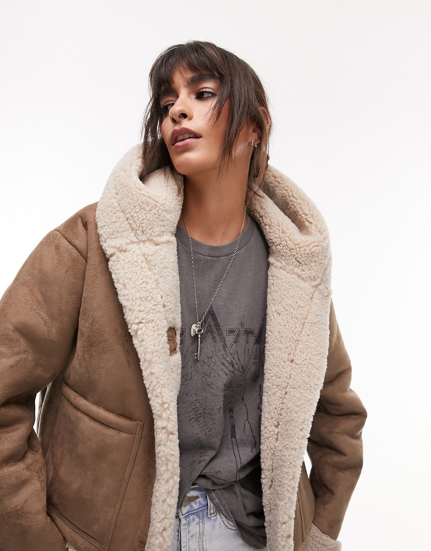 Topshop faux suede shearling hooded cropped car coat with borg lining in mink-Brown