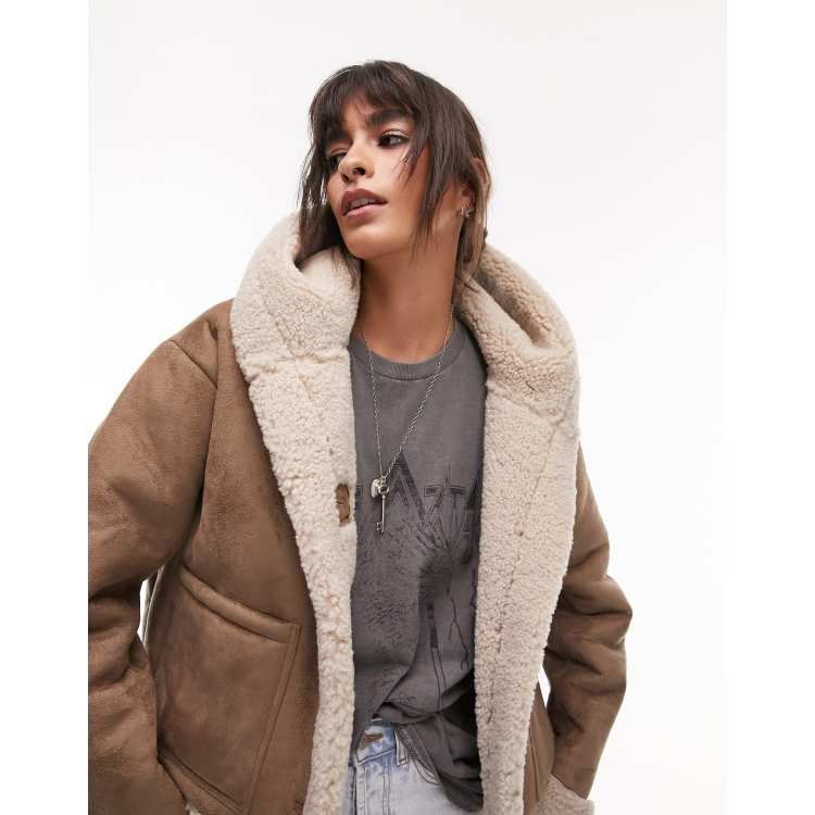 Topshop faux suede shearling hooded cropped car coat with borg