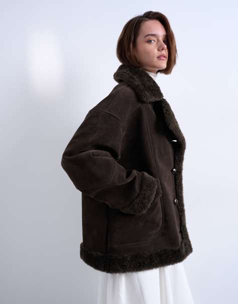 Topshop faux suede shearling oversized car coat in chocolate - view 1