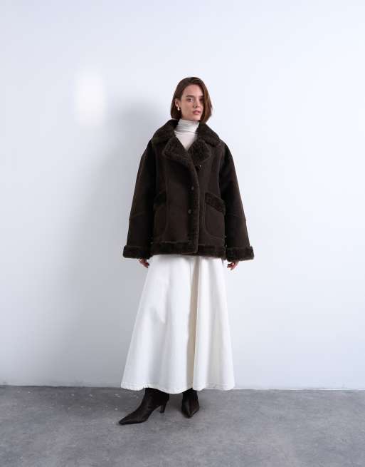 Topshop faux suede shearling oversized car coat in chocolate
