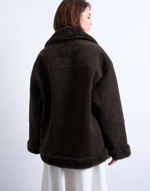 Topshop faux suede shearling oversized car coat in chocolate