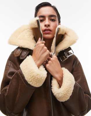 Topshop faux suede shearling zip front oversized aviator jacket with double collar detail in tan-Brown