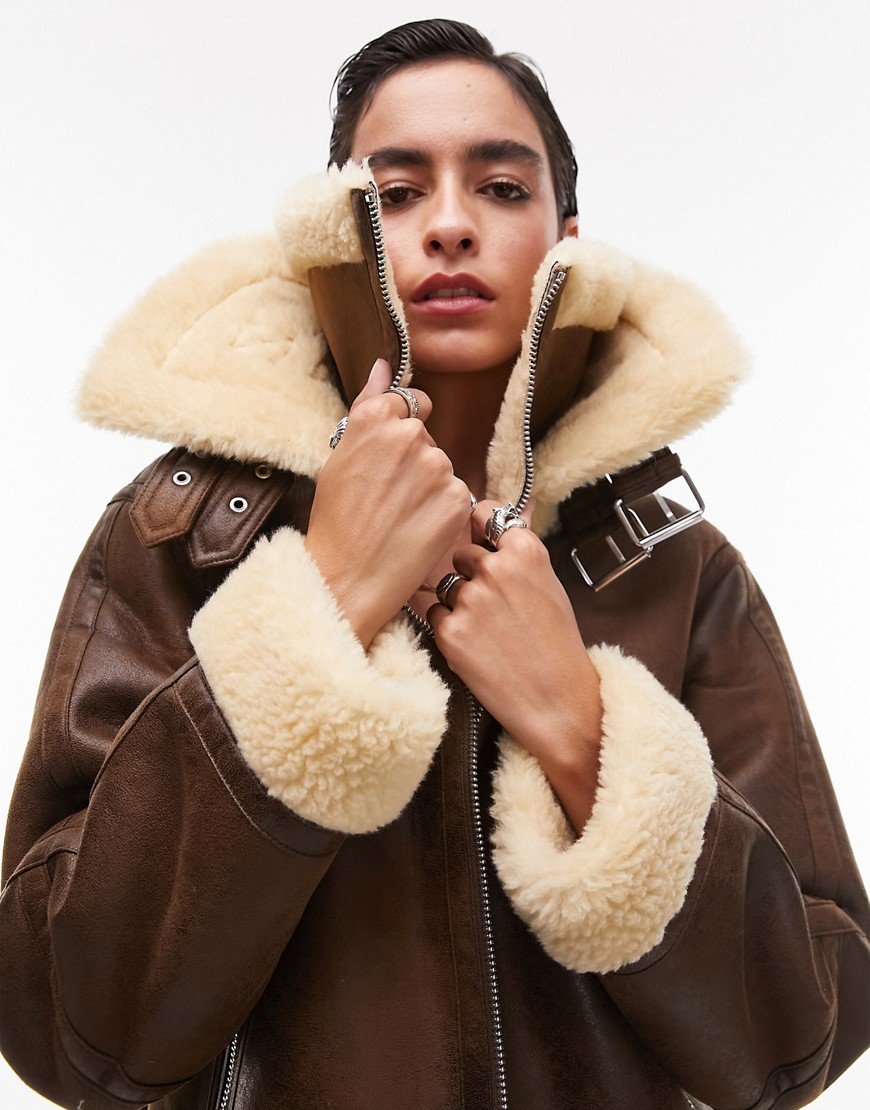 Topshop faux suede shearling zip front oversized aviator jacket with double collar detail in tan-Bro
