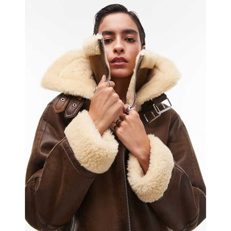 Topshop faux suede shearling zip front oversized aviator jacket with double collar detail in tan