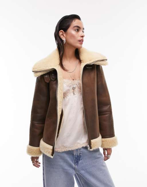 Topshop faux suede shearling zip front oversized aviator jacket