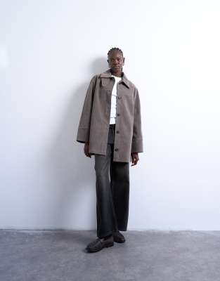 Topshop Faux Suede Short Car Coat With Neck Tab In Gray
