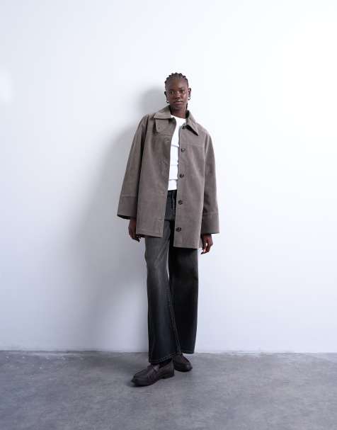 Topshop faux suede short car coat with neck tab in gray - view 1