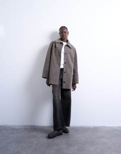 Faux suede short car coat with neck tab in grey