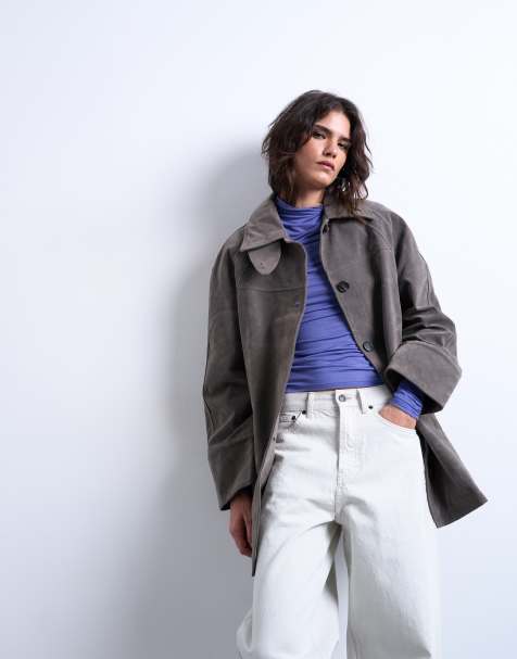 Topshop faux suede short funnel neck car coat with neck tab in grey - view 1