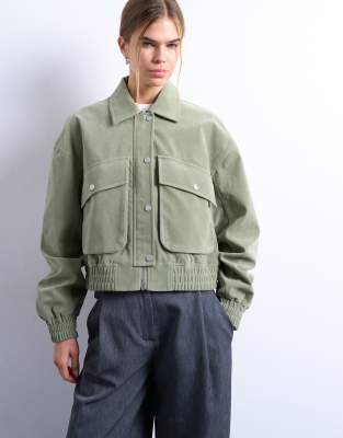 Topshop Faux Suede Short Jacket With Patch Pockets In Green