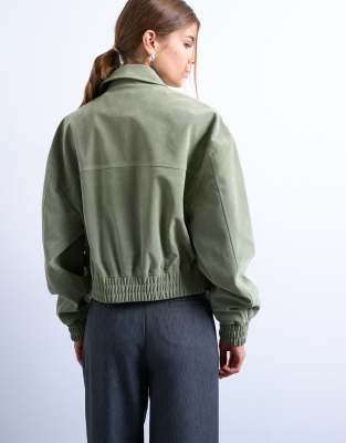 Topshop Faux Suede Short Jacket With Patch Pockets In Green