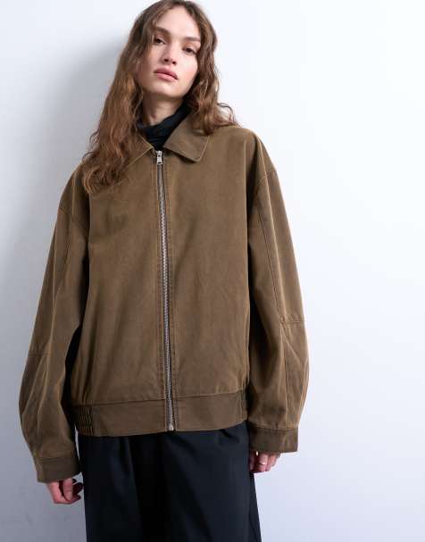Topshop faux suede super oversized quilted lined bomber jacket with patch pockets in tan - view 1
