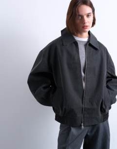 Faux suede super oversized quilted lined bomber jacket with patch pockets in washed black