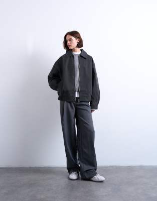 Topshop Faux Suede Super Oversized Quilted Lined Bomber Jacket With Patch Pockets In Black