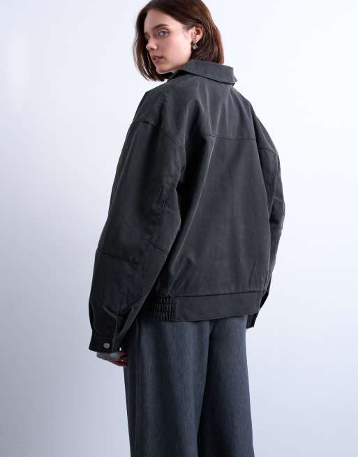 Topshop faux-suede super oversized quilted lined bomber jacket with patch pockets in washed black, 3 of 4