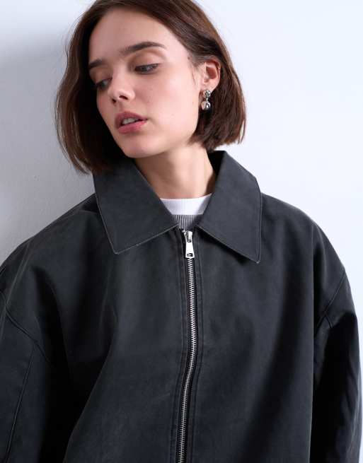 Topshop faux-suede super oversized quilted lined bomber jacket with patch pockets in washed black, 4 of 4