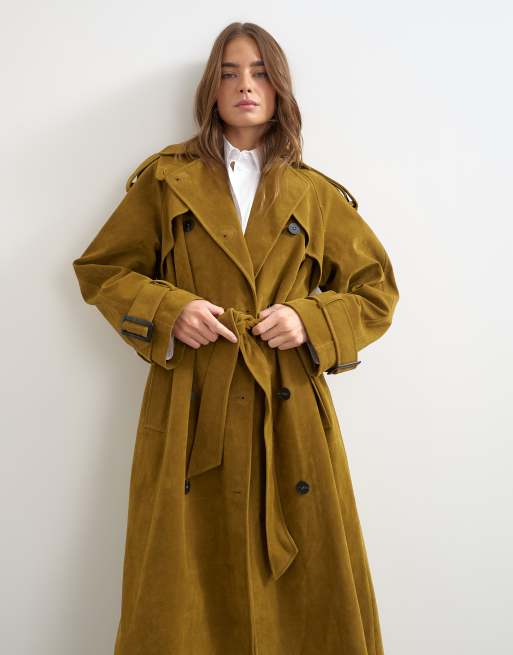 Topshop faux suede trench in olive, 3 of 4