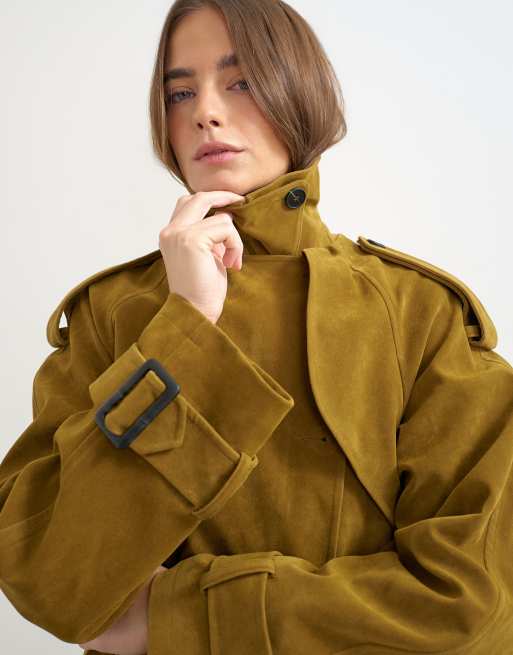 Topshop faux suede trench in olive, 4 of 4