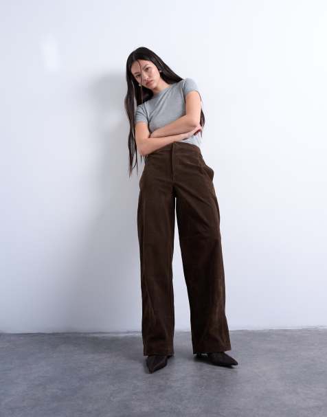 Topshop faux suede wide leg trouser with seam detail in brown - view 1